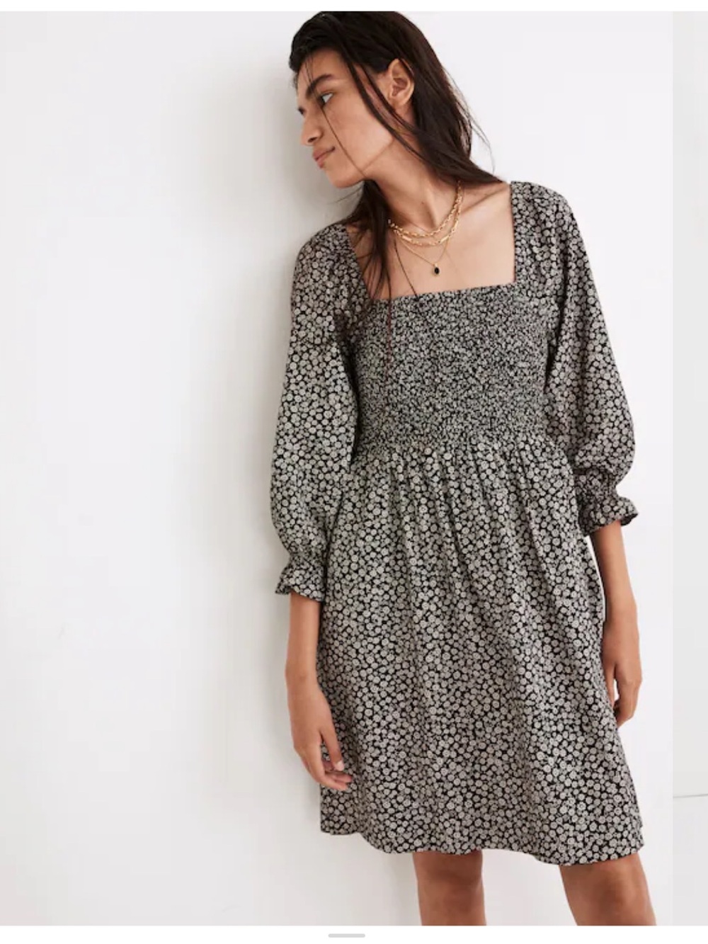 Madewell Lucie Elbow-Sleeve Smocked Mini Dress in Parisian Ditsy XS